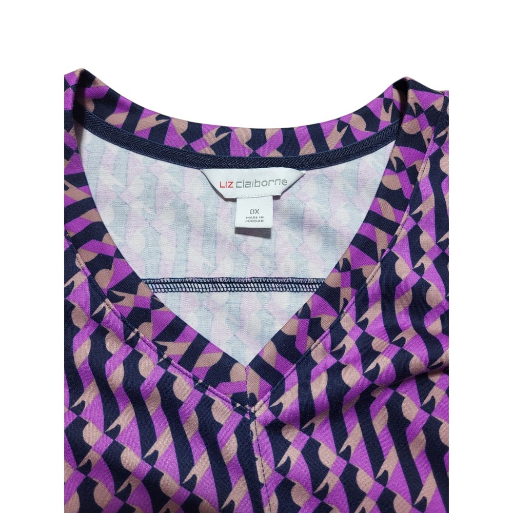 Liz Claiborne Blouse V-Neck Long Sleeve Tie Waist Purple Pattern 0X - Picture 2 of 5